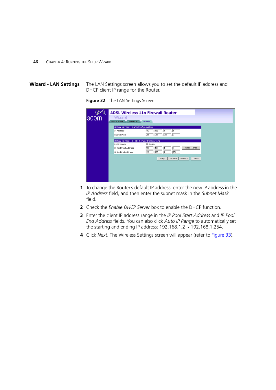Wizard - lan settings | 3Com WL-603 User Manual | Page 48 / 182
