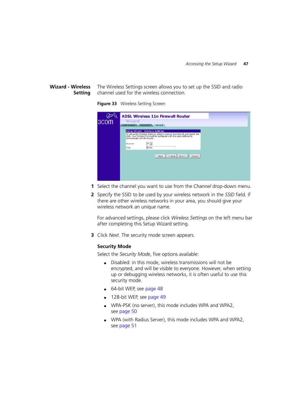 Wizard - wireless setting | 3Com WL-603 User Manual | Page 49 / 182