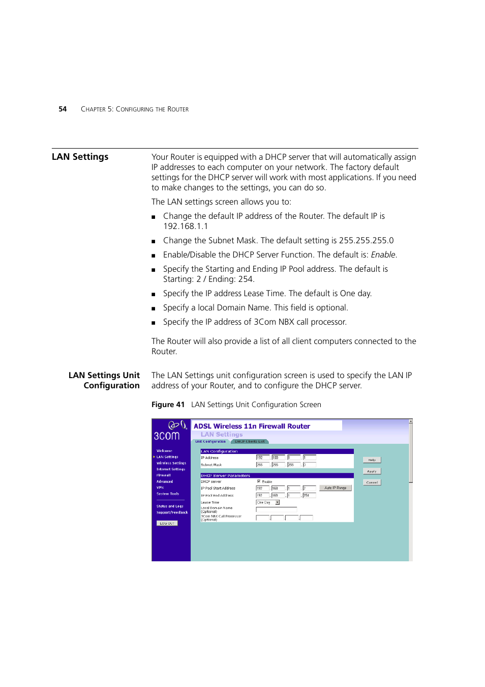 Lan settings, Lan settings unit configuration | 3Com WL-603 User Manual | Page 56 / 182