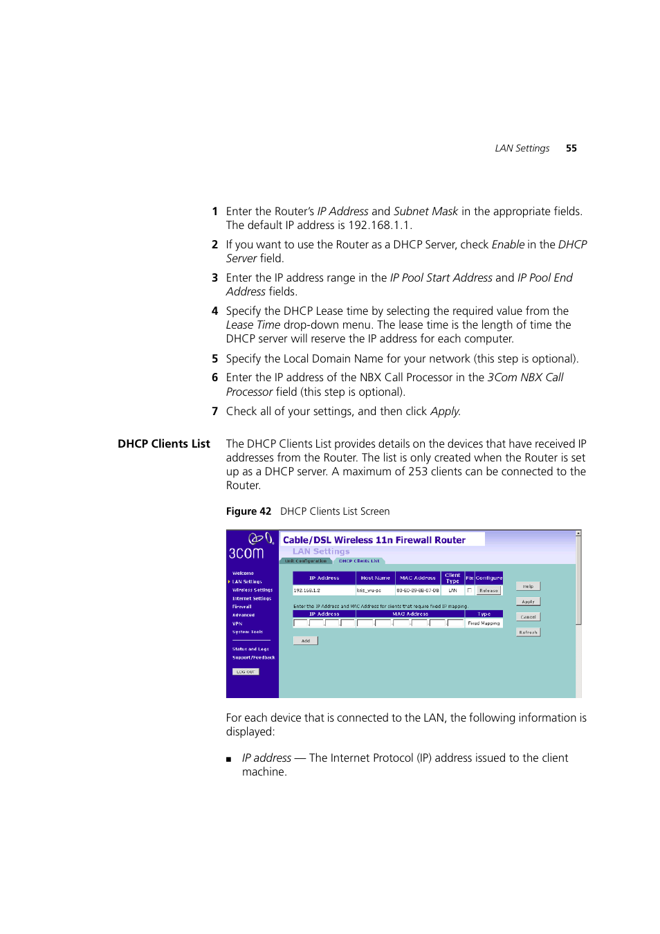 Dhcp clients list | 3Com WL-603 User Manual | Page 57 / 182
