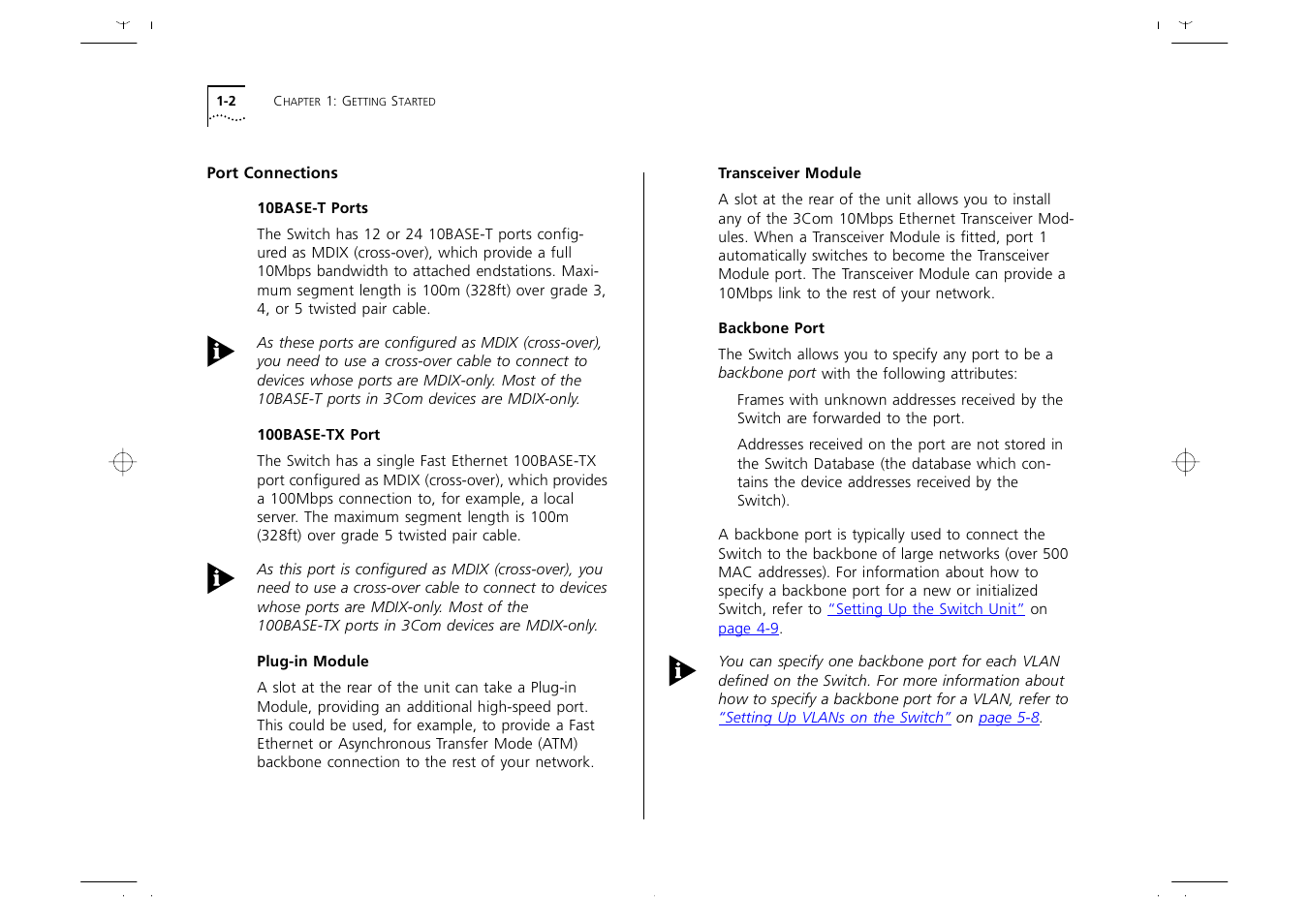 Port connections, Port connections 1-2, 10base-t ports 1-2 | 100base-tx port 1-2, Plug-in module 1-2, Transceiver module 1-2, Backbone port 1-2 | 3Com 1000 User Manual | Page 10 / 152
