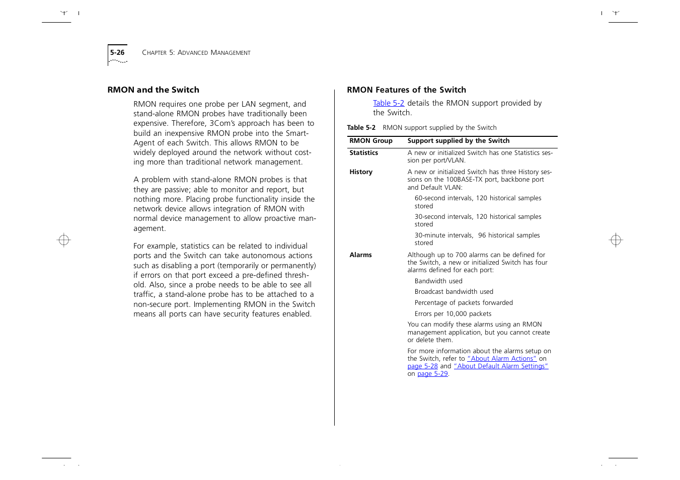 Rmon and the switch, Rmon features of the switch, Rmon and the switch 5-26 | Rmon features of the switch 5-26 | 3Com 1000 User Manual | Page 100 / 152