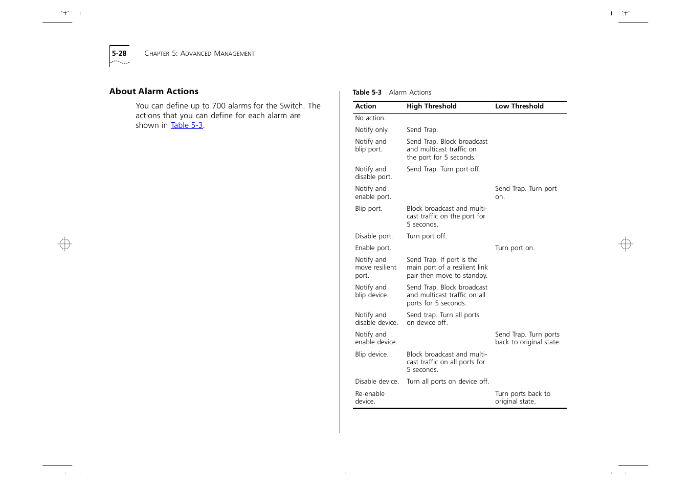 About alarm actions, About alarm actions 5-28 | 3Com 1000 User Manual | Page 102 / 152