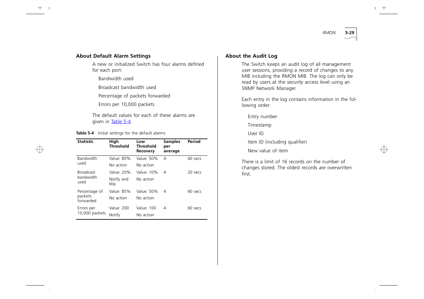 About default alarm settings, About the audit log, About default alarm settings 5-29 | About the audit log 5-29 | 3Com 1000 User Manual | Page 103 / 152