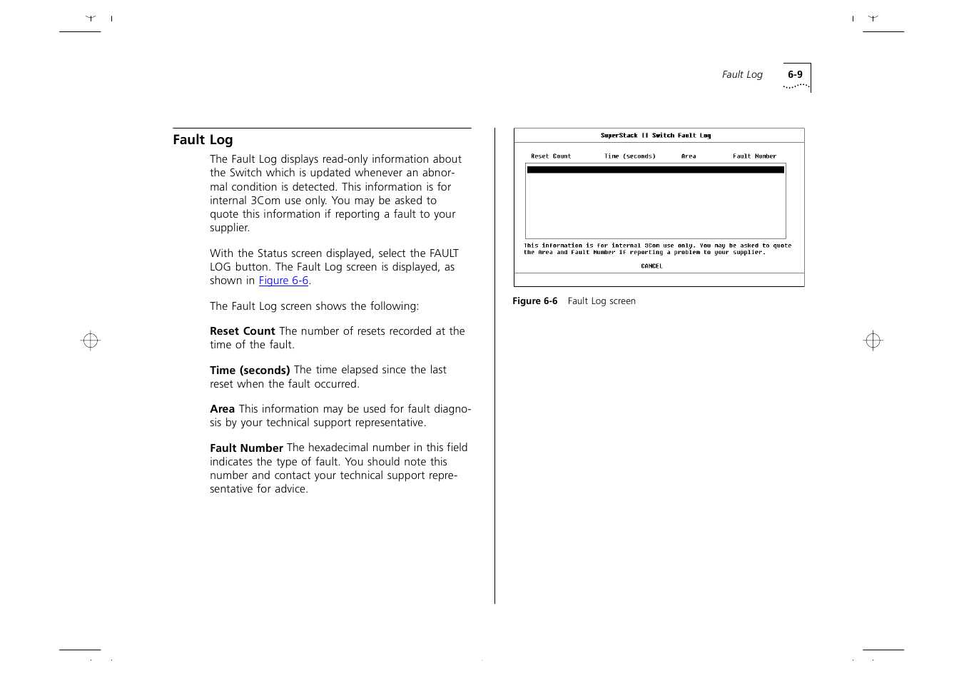 Fault log, Fault log 6-9 | 3Com 1000 User Manual | Page 113 / 152