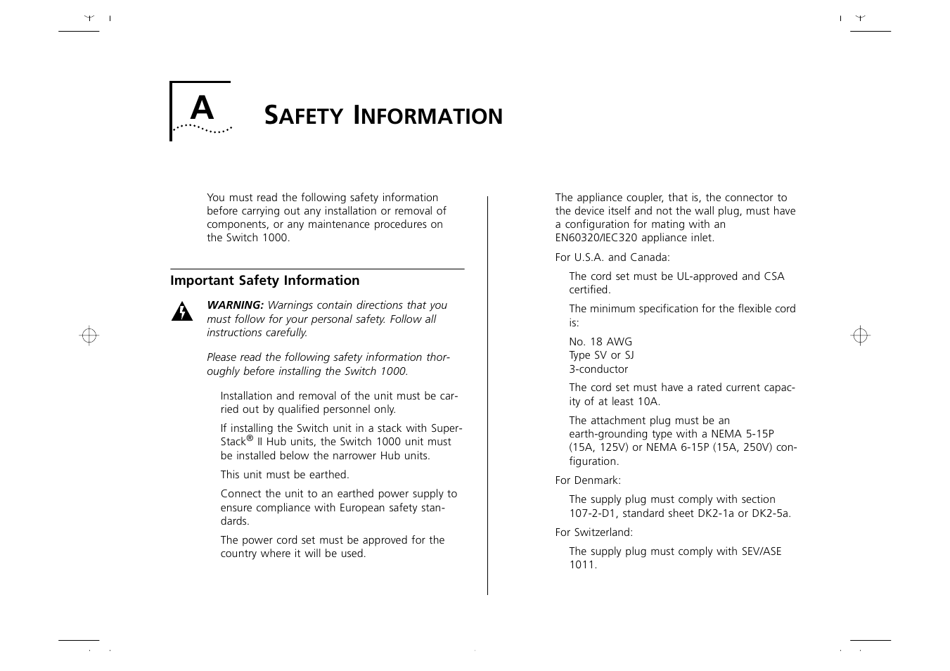 Safety information, Important safety information, Afety | Nformation, Important safety information a-1, Appendix a | 3Com 1000 User Manual | Page 115 / 152