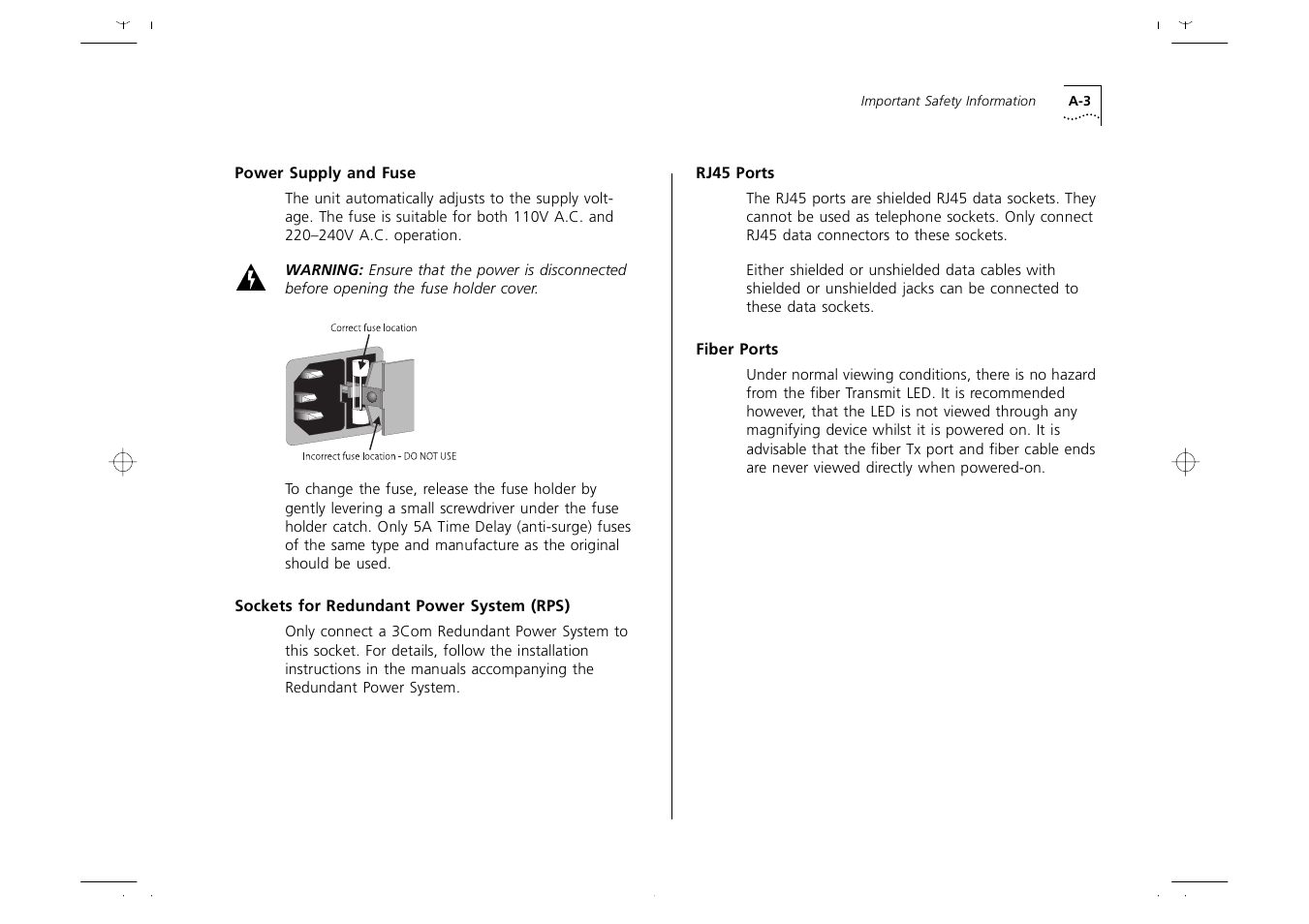 Power supply and fuse, Sockets for redundant power system (rps), Rj45 ports | Fiber ports, Power supply and fuse a-3, Sockets for redundant power system (rps) a-3, Rj45 ports a-3, Fiber ports a-3 | 3Com 1000 User Manual | Page 117 / 152