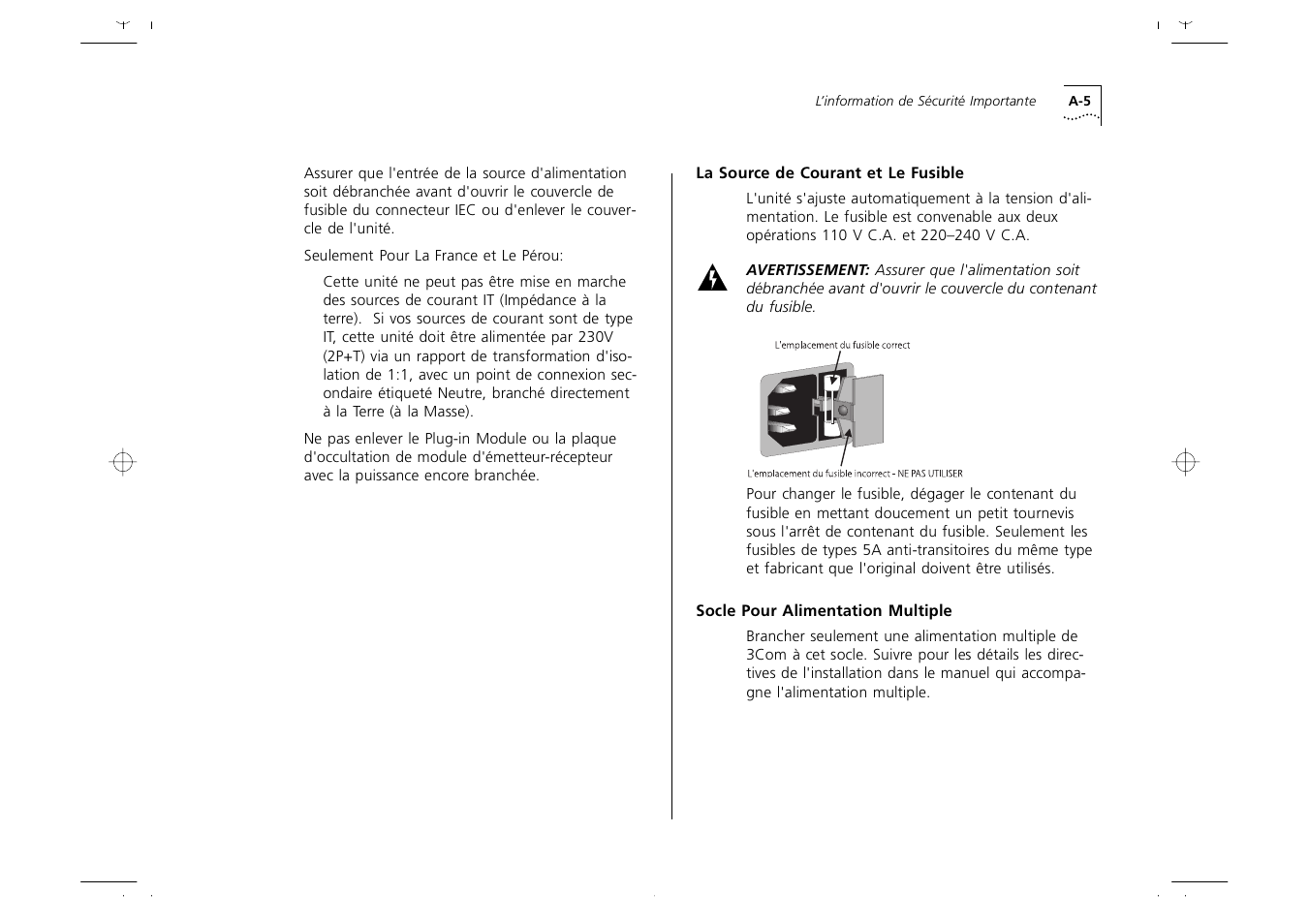 La source de courant et le fusible, Socle pour alimentation multiple, La source de courant et le fusible a-5 | Socle pour alimentation multiple a-5 | 3Com 1000 User Manual | Page 119 / 152