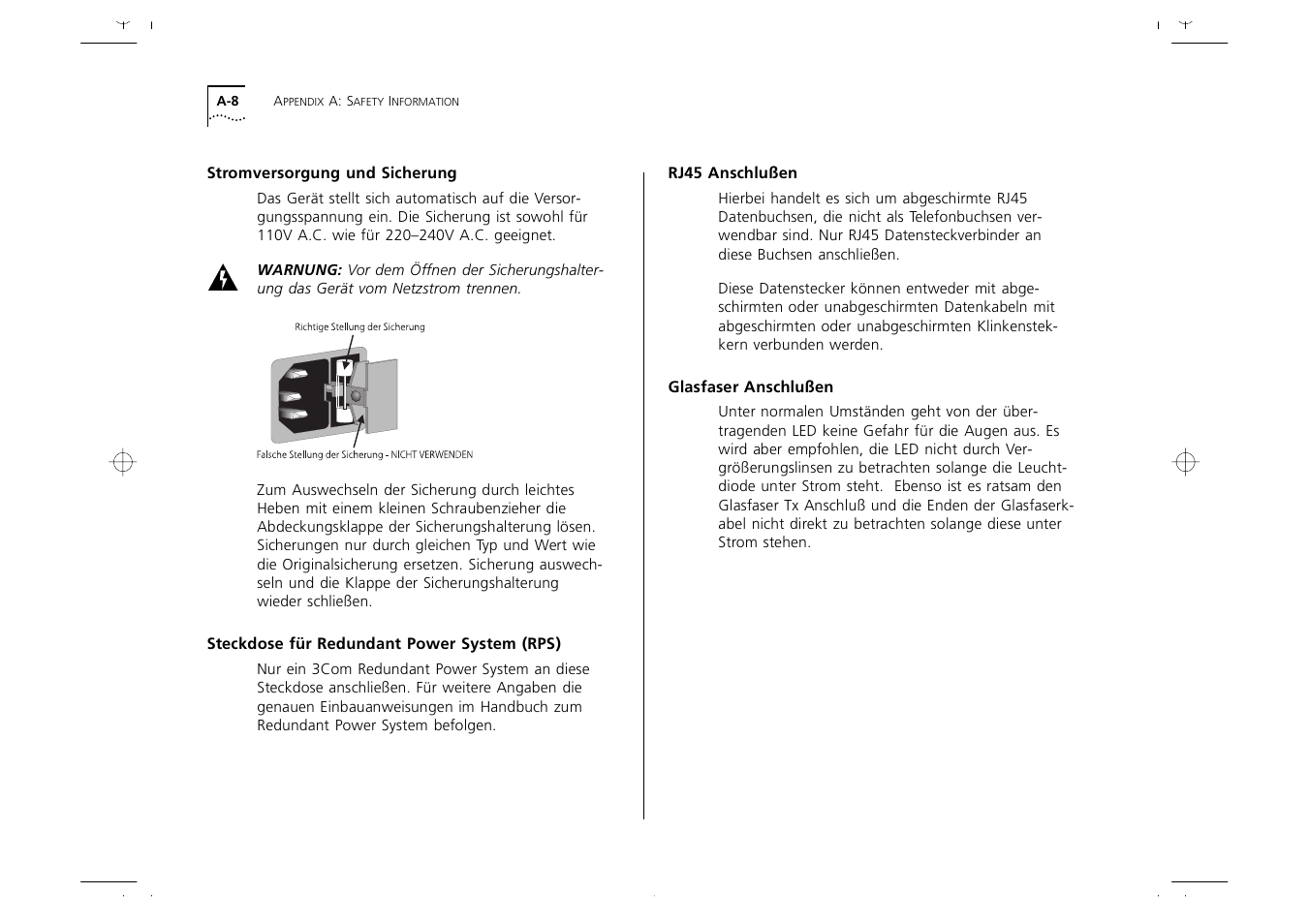 Stromversorgung und sicherung, Steckdose für redundant power system (rps), Rj45 anschlußen | Glasfaser anschlußen, Stromversorgung und sicherung a-8, Steckdose für redundant power system (rps) a-8, Rj45 anschlußen a-8, Glasfaser anschlußen a-8 | 3Com 1000 User Manual | Page 122 / 152