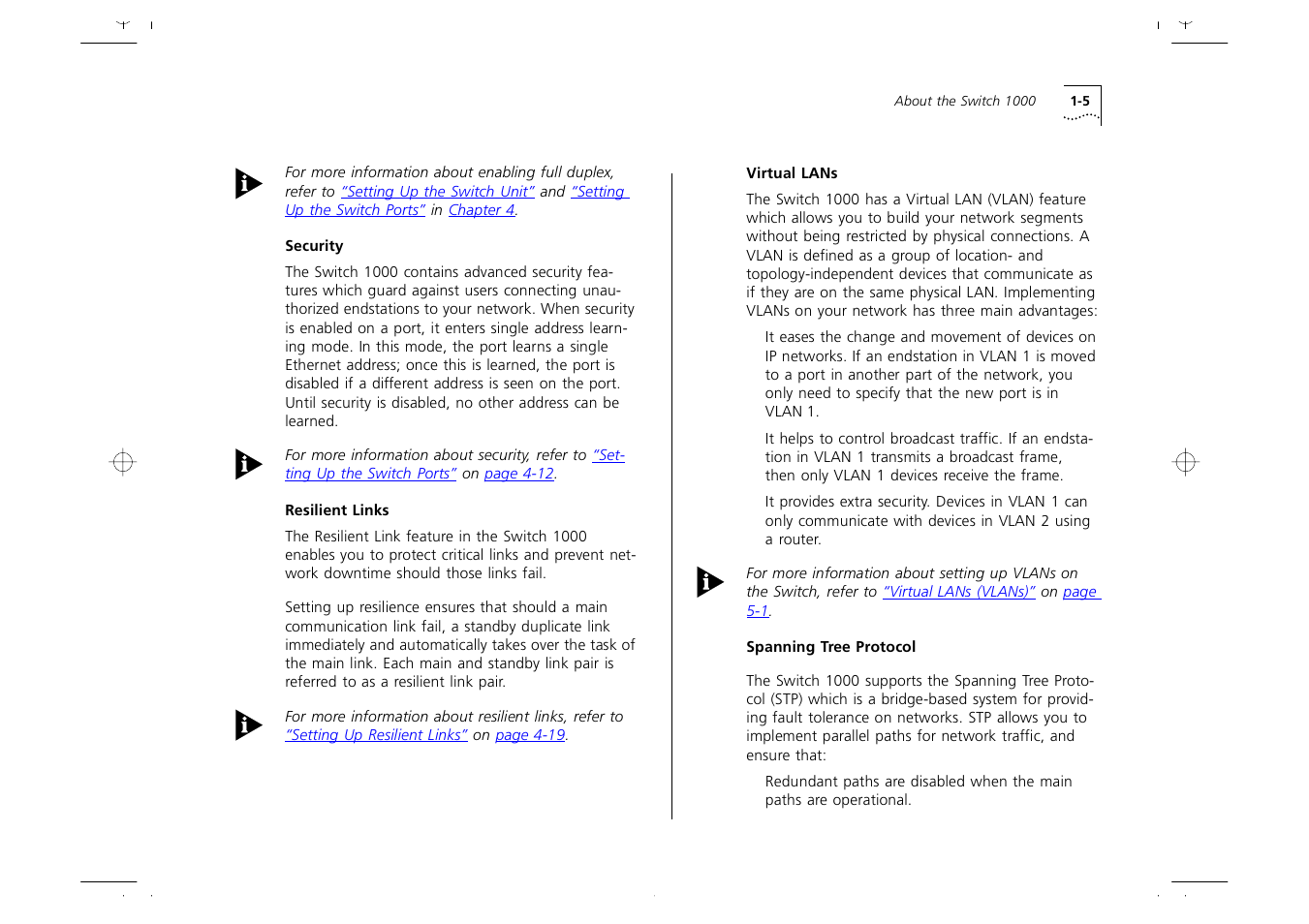 Security 1-5, Resilient links 1-5, Virtual lans 1-5 | Spanning tree protocol 1-5 | 3Com 1000 User Manual | Page 13 / 152