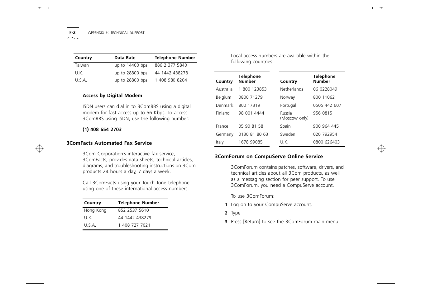 3comfacts automated fax service, 3comforum on compuserve online service, Access by digital modem f-2 | 3comfacts automated fax service f-2, 3comforum on compuserve online service f-2 | 3Com 1000 User Manual | Page 136 / 152