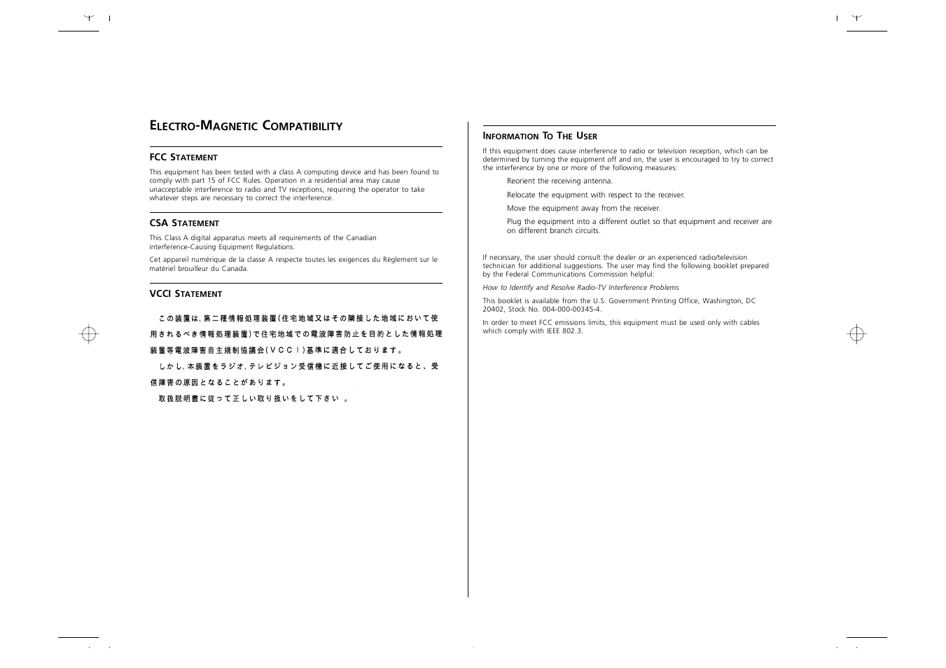 Electro-magnetic compatibility, Lectro, Agnetic | Ompatibility | 3Com 1000 User Manual | Page 152 / 152