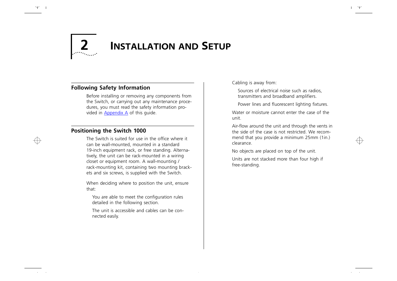 Installation and setup, Following safety information, Positioning the switch 1000 | Nstallation, Etup, Following safety information 2-1, Positioning the switch 1000 2-1, Benefits of vlans 5-1, Chapter 2 | 3Com 1000 User Manual | Page 25 / 152