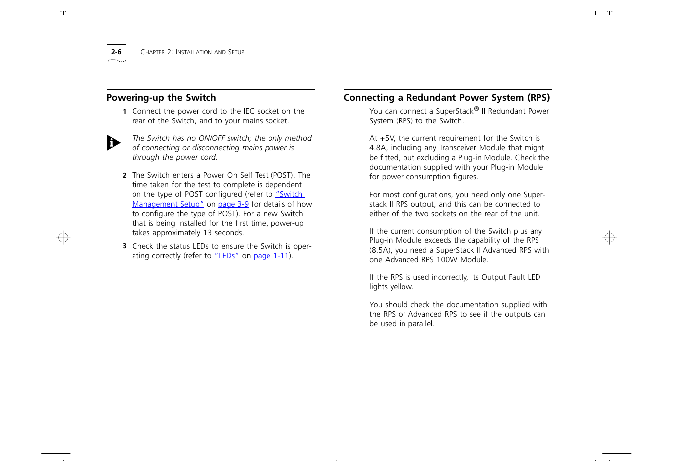 Powering-up the switch, Connecting a redundant power system (rps), Powering-up the switch 2-6 | Connecting a redundant power system (rps) 2-6 | 3Com 1000 User Manual | Page 30 / 152