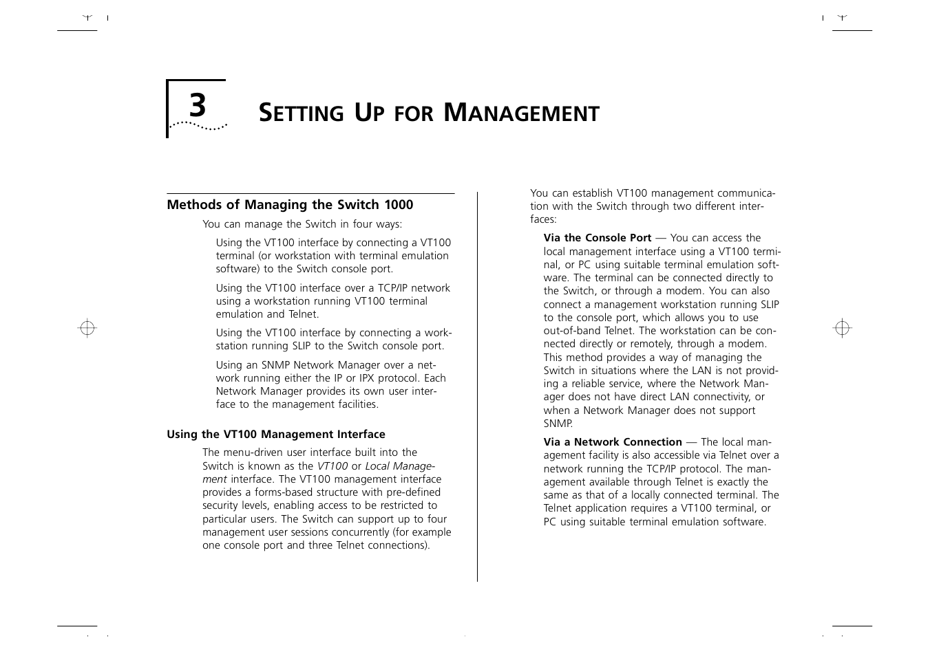 Setting up for management, Methods of managing the switch 1000, Using the vt100 management interface | Etting, Anagement, Methods of managing the switch 1000 3-1, Using the vt100 management interface 3-1, Chapter 3 | 3Com 1000 User Manual | Page 33 / 152
