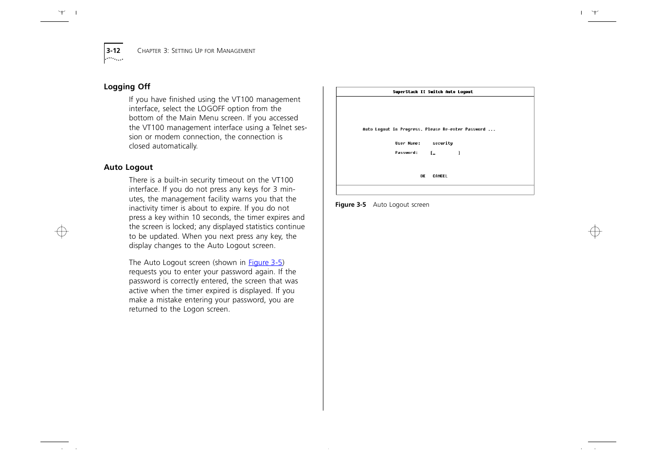 Logging off, Auto logout, Logging off 3-12 | Auto logout 3-12 | 3Com 1000 User Manual | Page 44 / 152