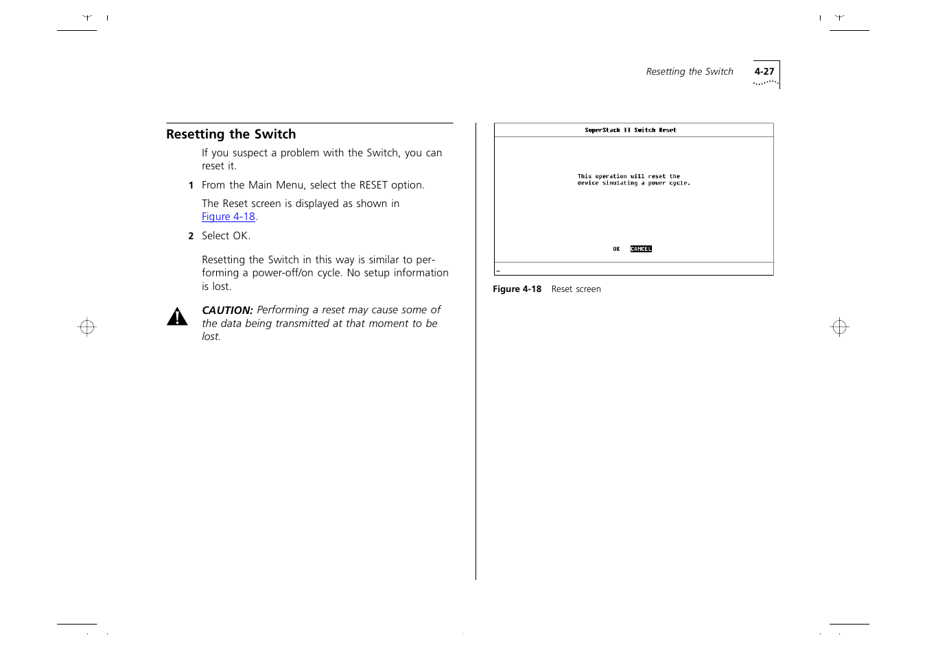 Resetting the switch, Resetting the switch 4-27 | 3Com 1000 User Manual | Page 71 / 152