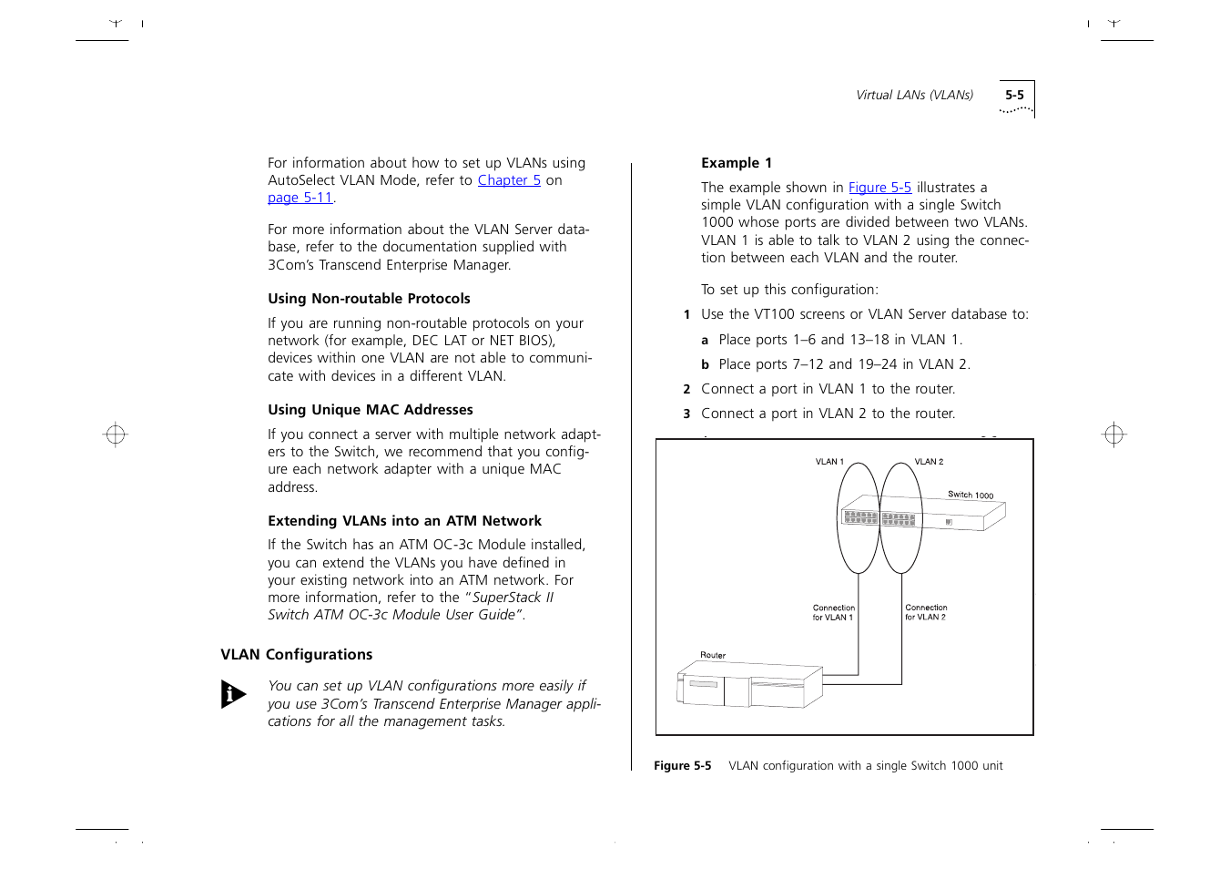 Vlan configurations, Using non-routable protocols 5-5, Using unique mac addresses 5-5 | Extending vlans into an atm network 5-5, Vlan configurations 5-5, Example 1 5-5 | 3Com 1000 User Manual | Page 79 / 152