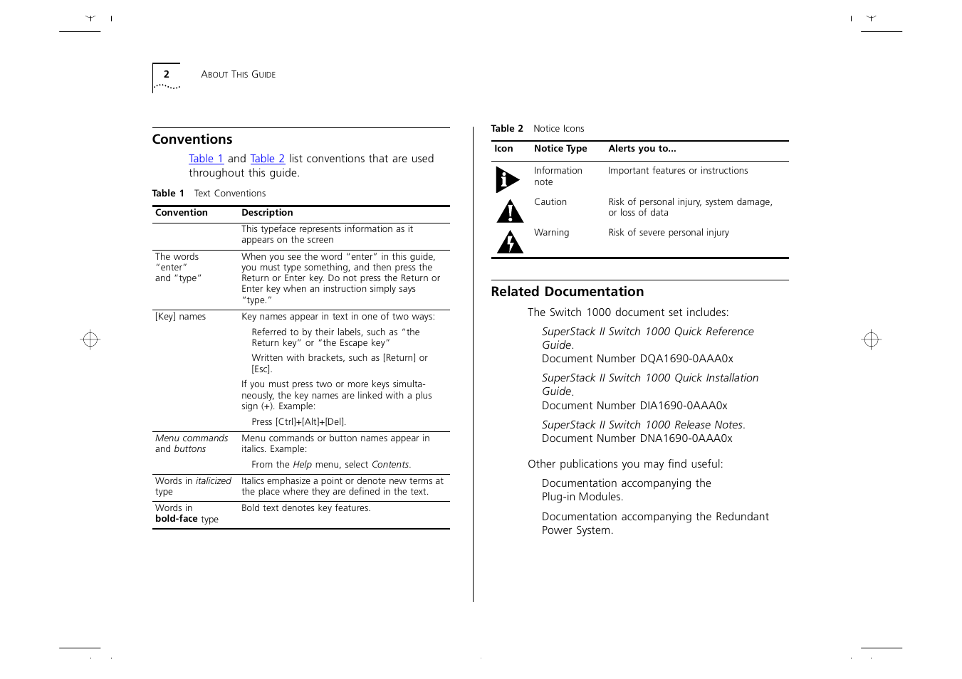 Conventions, Related documentation, Conventions 2 | Related documentation 2 | 3Com 1000 User Manual | Page 8 / 152