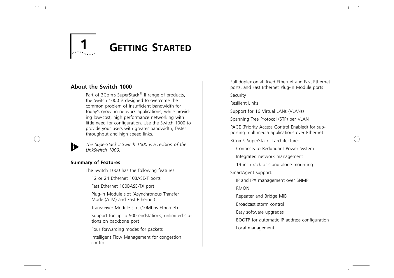 Getting started, About the switch 1000, Summary of features | Etting, Tarted, About the switch 1000 1-1, Summary of features 1-1, Chapter 1 | 3Com 1000 User Manual | Page 9 / 152