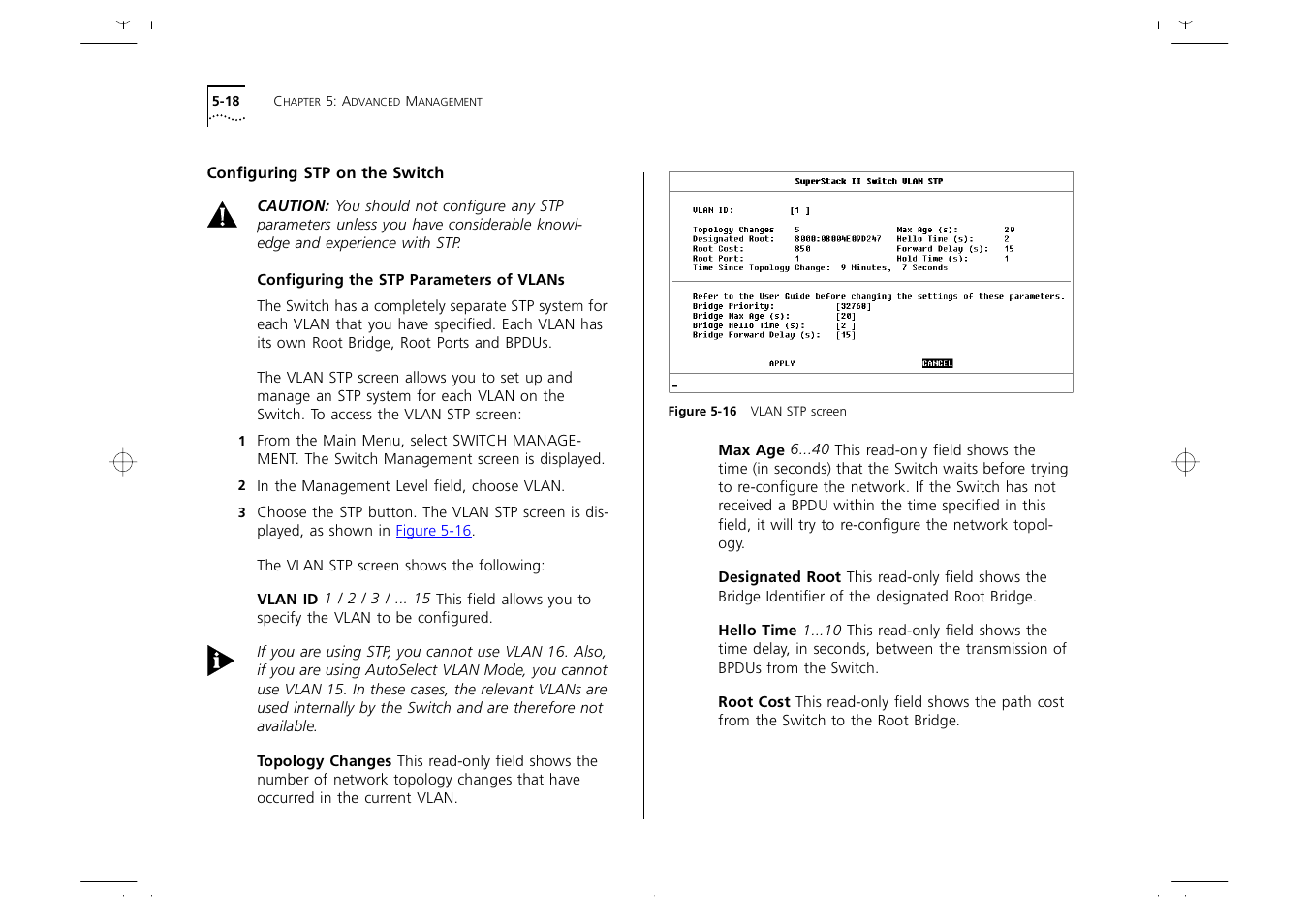 Configuring stp on the switch, Configuring stp on the switch 5-18, Configuring the stp parameters of vlans 5-18 | Configuring the stp parame, Ters of vlans, Efer to, Figuring the stp parameters of vlans | 3Com 1000 User Manual | Page 92 / 152