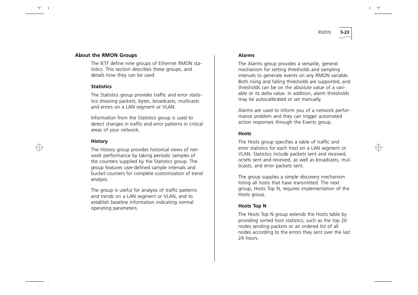 About the rmon groups, About the rmon groups 5-23, Statistics 5-23 | History 5-23, Alarms 5-23, Hosts 5-23, Hosts top n 5-23 | 3Com 1000 User Manual | Page 97 / 152