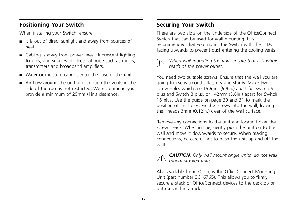 Positioning your switch, Securing your switch, Positioning your switch 12 | Securing your switch 12 | 3Com 16 Plus User Manual | Page 12 / 32