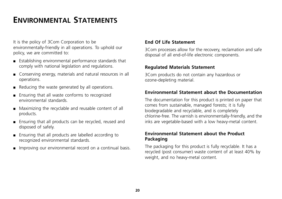 Environmental statements, End of life statement, Regulated materials statement | Environmental statement about the documentation, Environmental statements 20, Nvironmental, Tatements | 3Com 16 Plus User Manual | Page 20 / 32