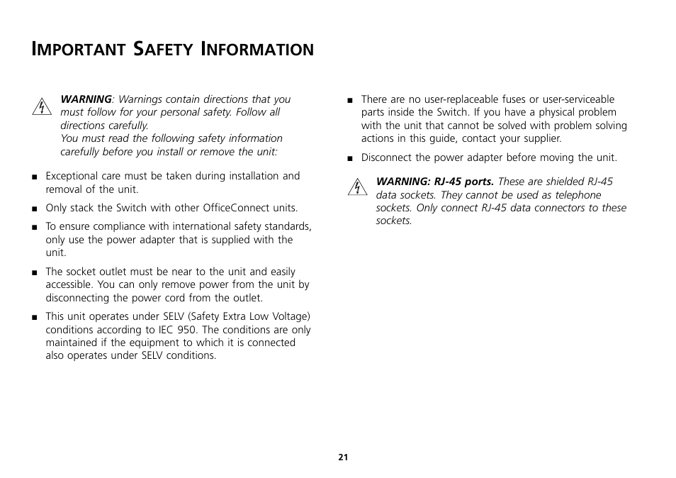Important safety information, Important safety information 21, Mportant | Afety, Nformation | 3Com 16 Plus User Manual | Page 21 / 32