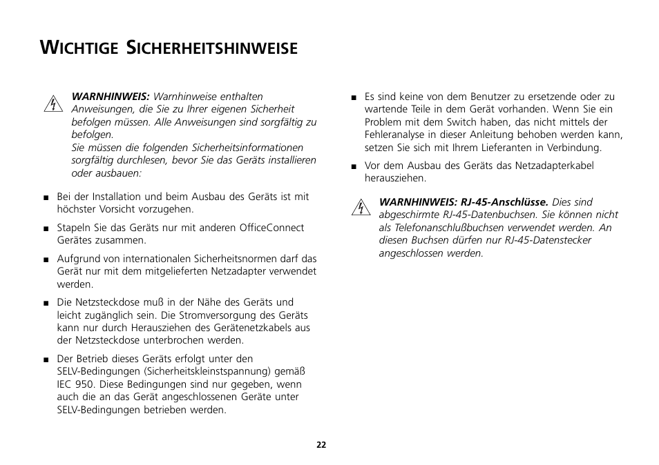 Wichtige sicherheitshinweise, Wichtige sicherheitshinweise 22, Ichtige | Icherheitshinweise | 3Com 16 Plus User Manual | Page 22 / 32
