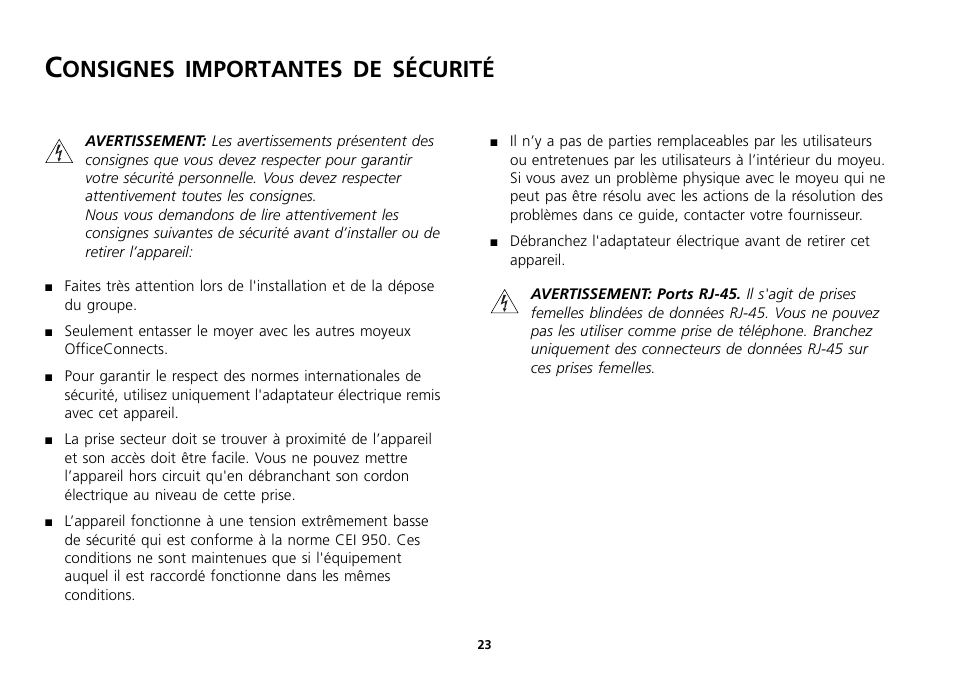 Consignes importantes de sécurité, Consignes importantes de sécurité 23, Onsignes | Importantes, Sécurité | 3Com 16 Plus User Manual | Page 23 / 32