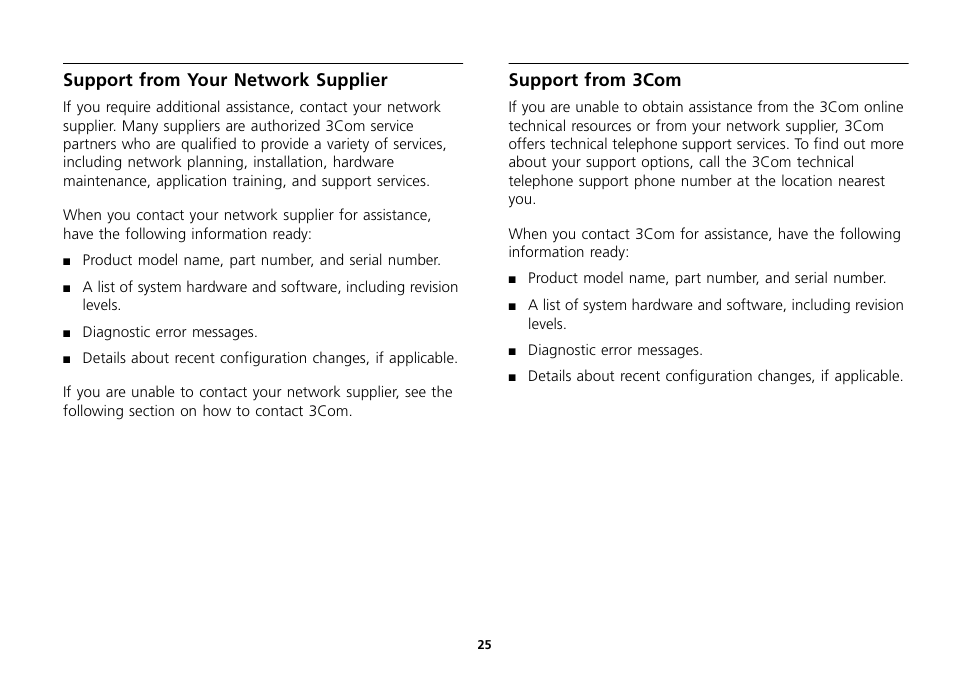 Support from your network supplier, Support from 3com, Support from your network supplier 25 | Support from 3com 25 | 3Com 16 Plus User Manual | Page 25 / 32
