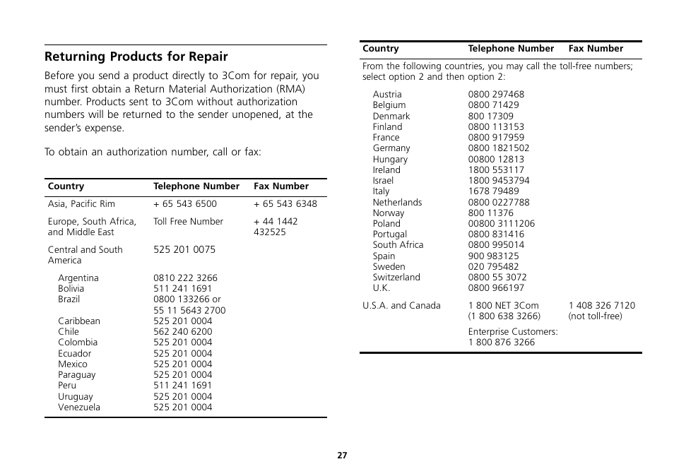 Returning products forrepair, Returning products for repair 27, Returning products for repair | 3Com 16 Plus User Manual | Page 27 / 32