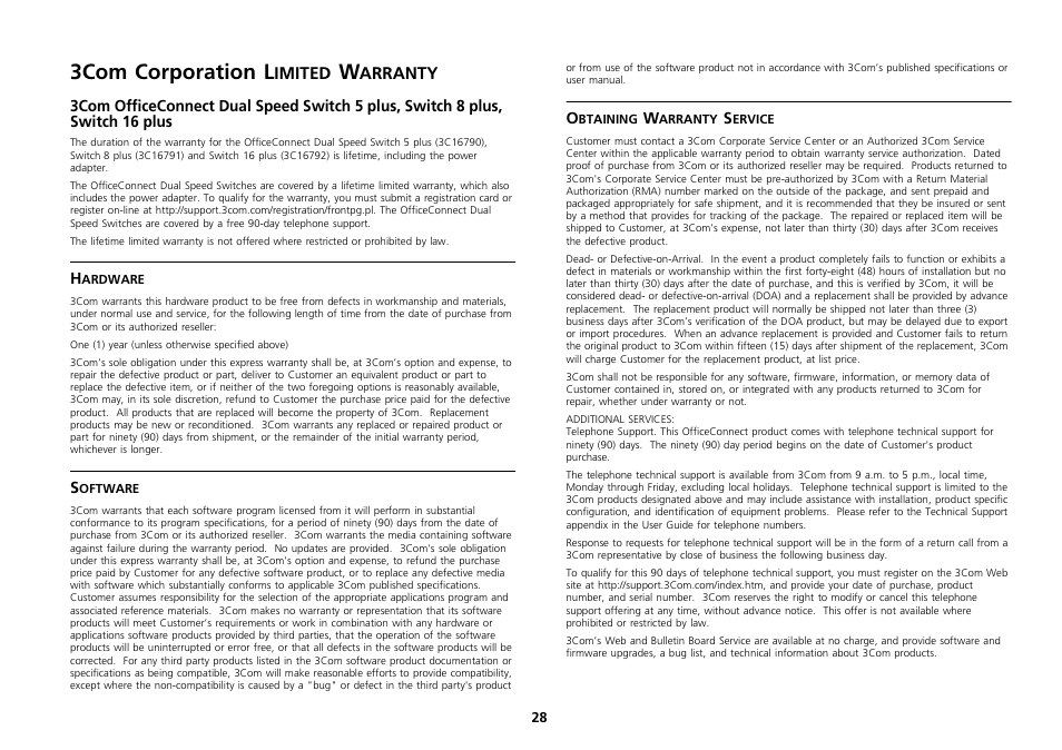 3com corporation limited warranty, 3com corporation limited warranty 29, 3com corporation l | Imited, Arranty | 3Com 16 Plus User Manual | Page 28 / 32