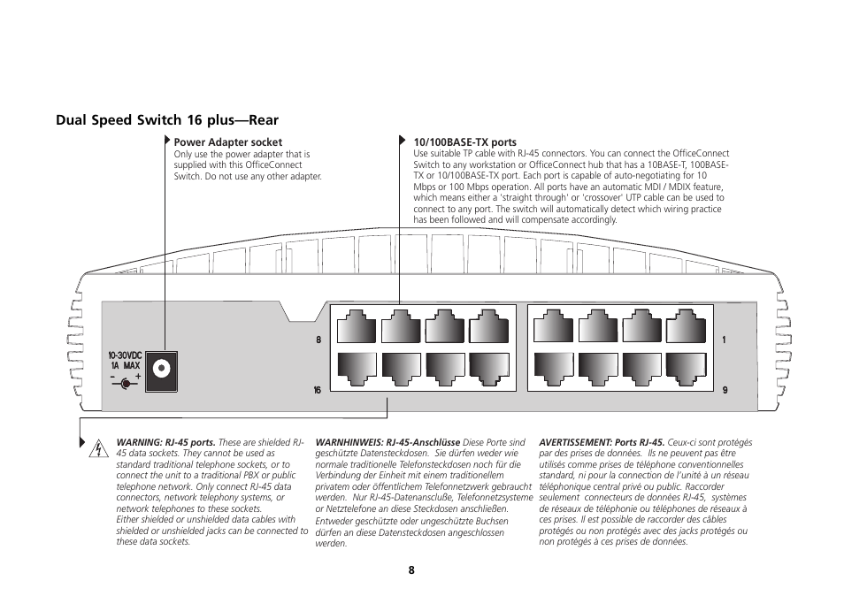 Dual speed switch 16 plus—rear, Dual speed switch 16 plus—rear 8 | 3Com 16 Plus User Manual | Page 8 / 32