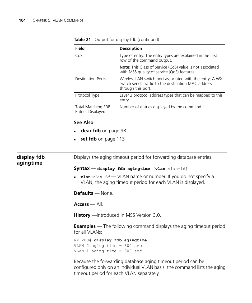 Display fdb agingtime | 3Com Wireless LAN WX1200 User Manual | Page 104 / 646