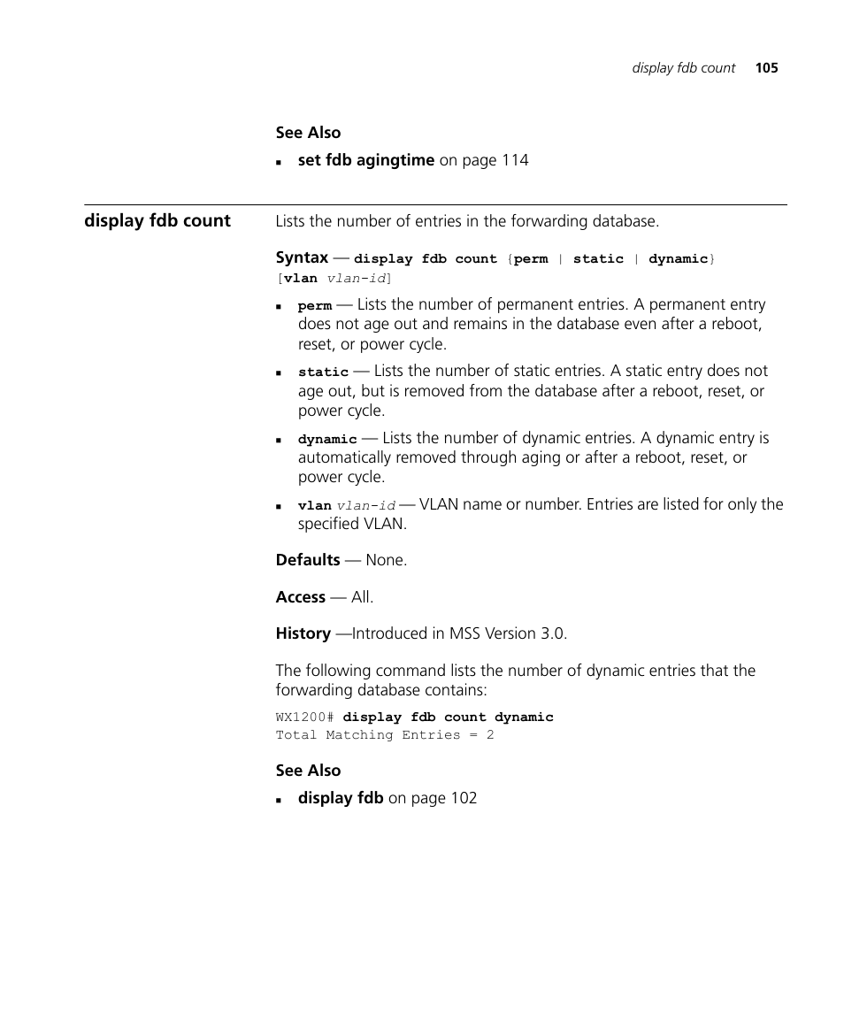 Display fdb count | 3Com Wireless LAN WX1200 User Manual | Page 105 / 646
