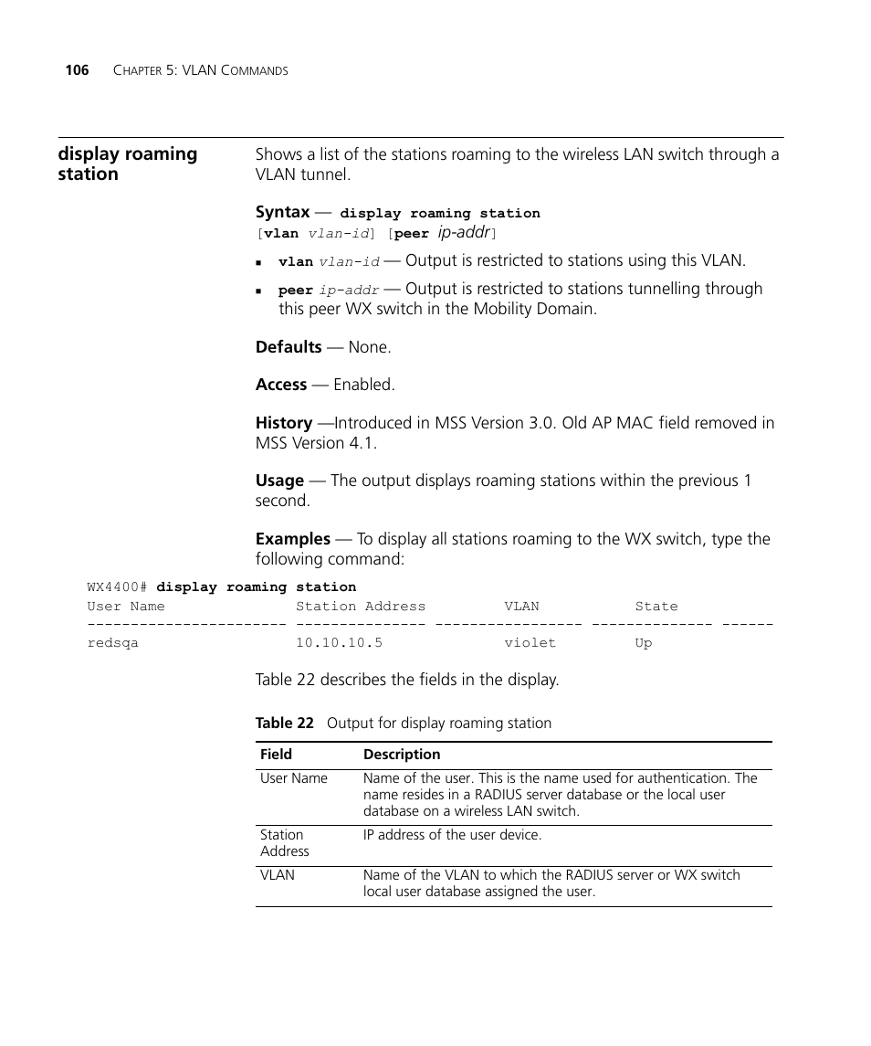 Display roaming station | 3Com Wireless LAN WX1200 User Manual | Page 106 / 646