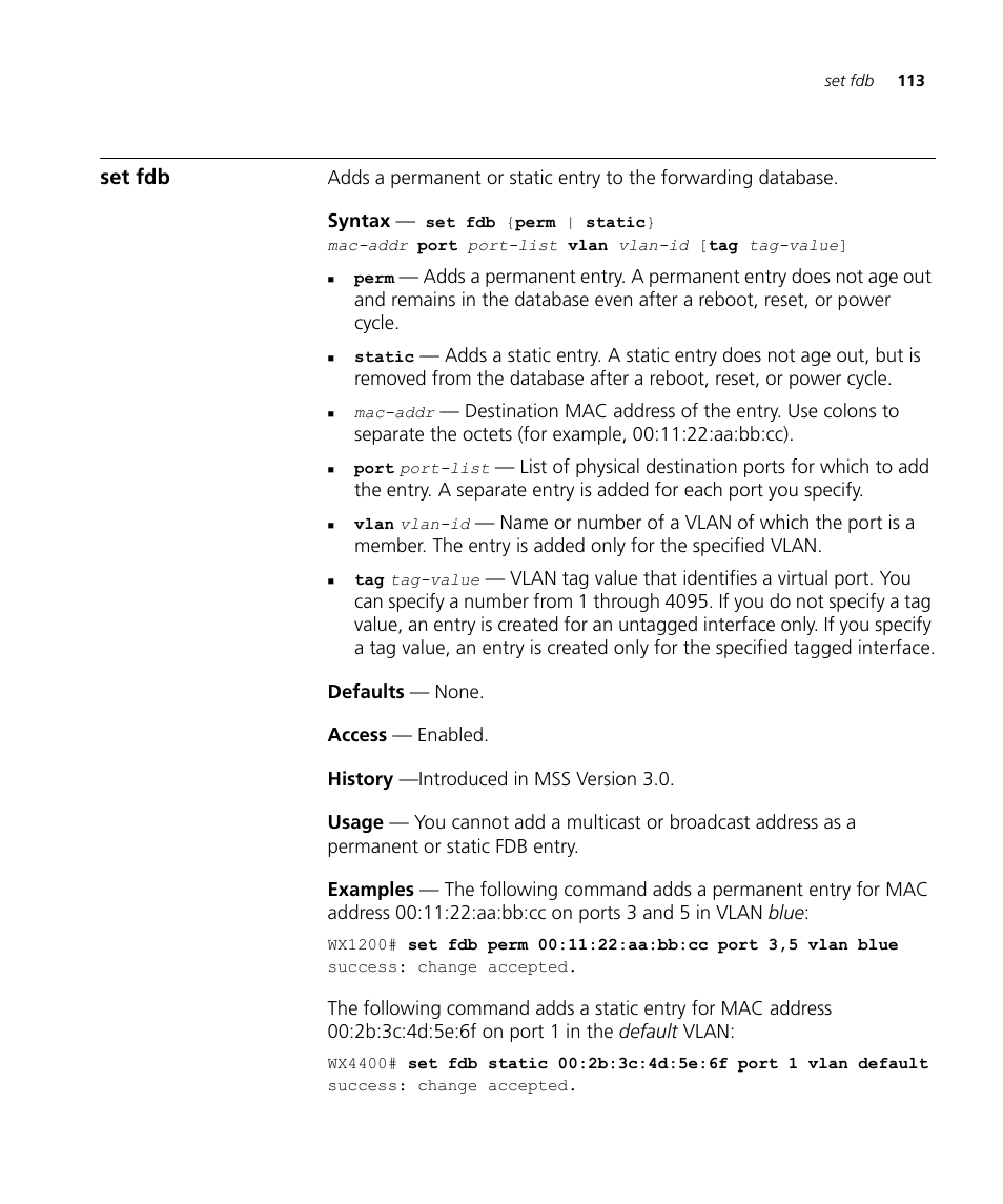 Set fdb | 3Com Wireless LAN WX1200 User Manual | Page 113 / 646
