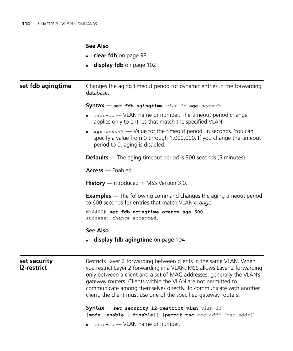 Set fdb agingtime, Set security l2-restrict | 3Com Wireless LAN WX1200 User Manual | Page 114 / 646