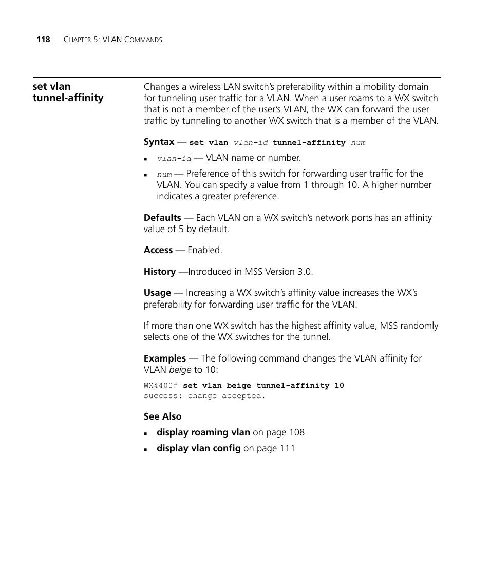 Set vlan tunnel-affinity | 3Com Wireless LAN WX1200 User Manual | Page 118 / 646