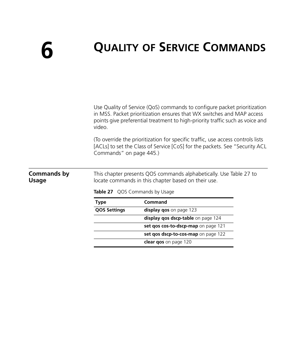 Quality of service commands, Commands by usage, Uality | Ervice, Ommands | 3Com Wireless LAN WX1200 User Manual | Page 119 / 646