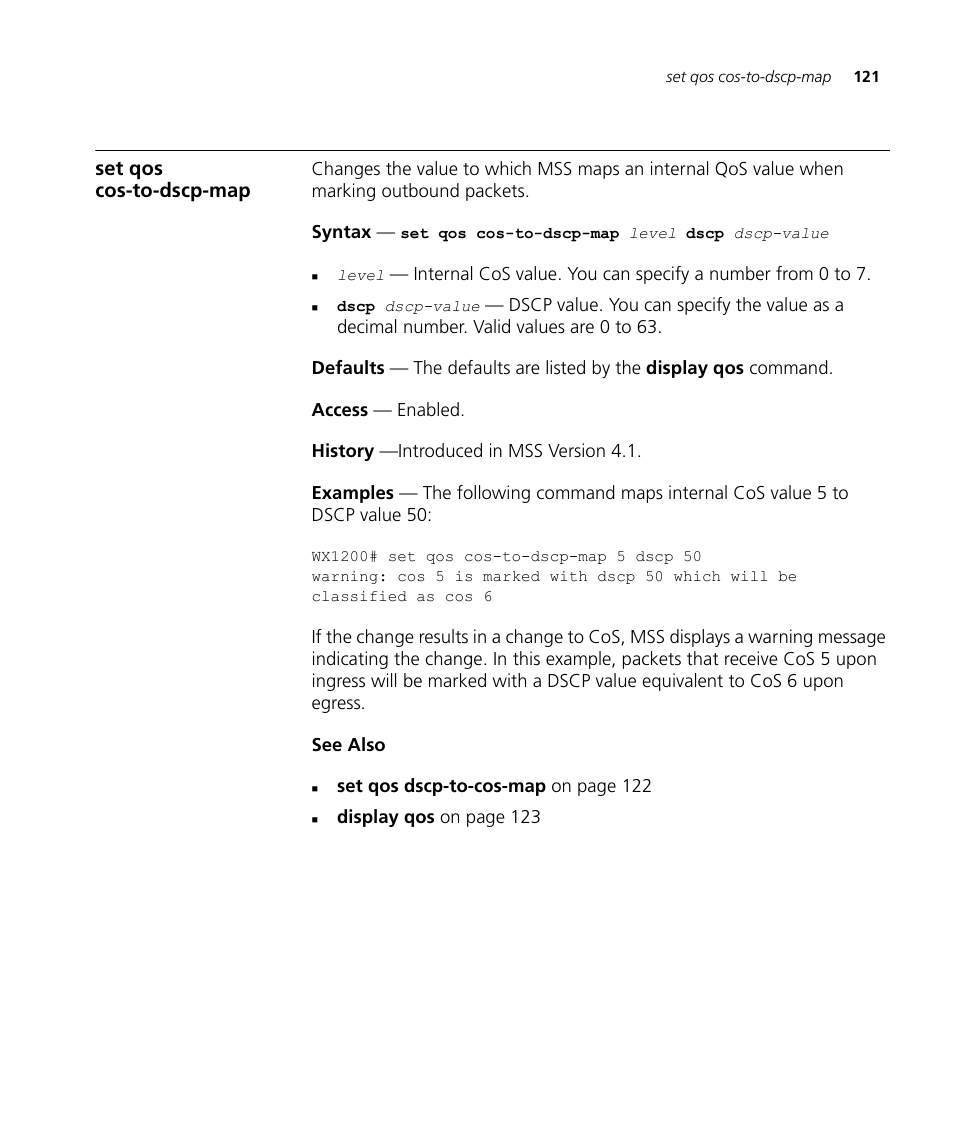 Set qos cos-to-dscp-map | 3Com Wireless LAN WX1200 User Manual | Page 121 / 646