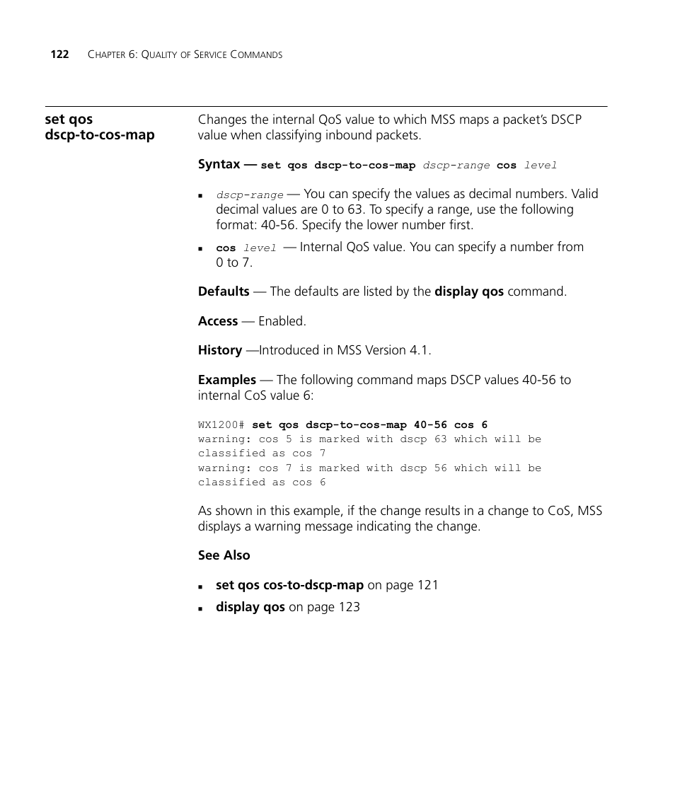 Set qos dscp-to-cos-map | 3Com Wireless LAN WX1200 User Manual | Page 122 / 646