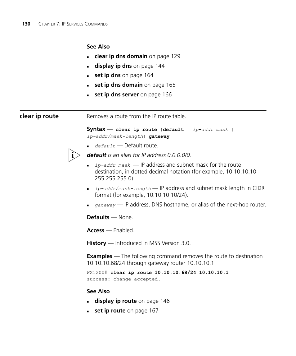Clear ip route | 3Com Wireless LAN WX1200 User Manual | Page 130 / 646