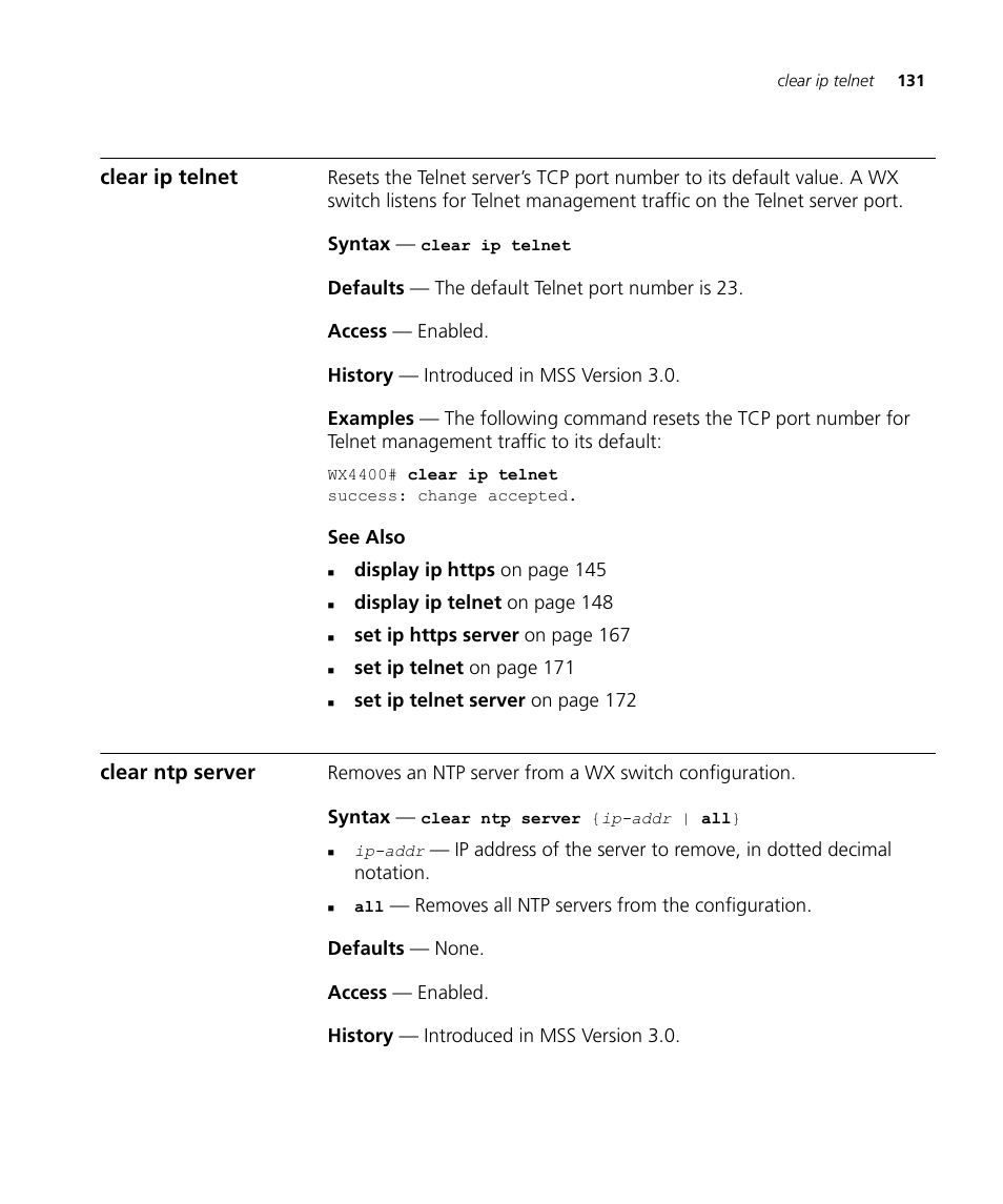 Clear ip telnet, Clear ntp server | 3Com Wireless LAN WX1200 User Manual | Page 131 / 646