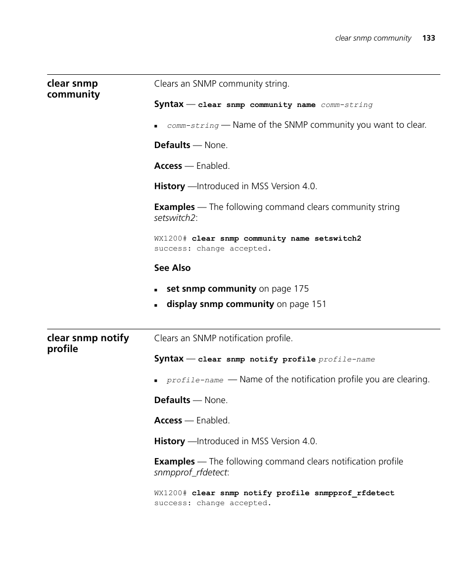 Clear snmp community, Clear snmp notify profile | 3Com Wireless LAN WX1200 User Manual | Page 133 / 646