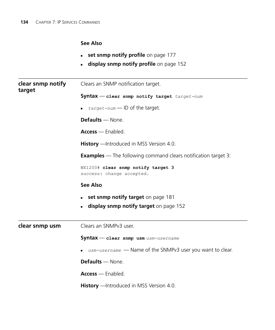 Clear snmp notify target, Clear snmp usm | 3Com Wireless LAN WX1200 User Manual | Page 134 / 646
