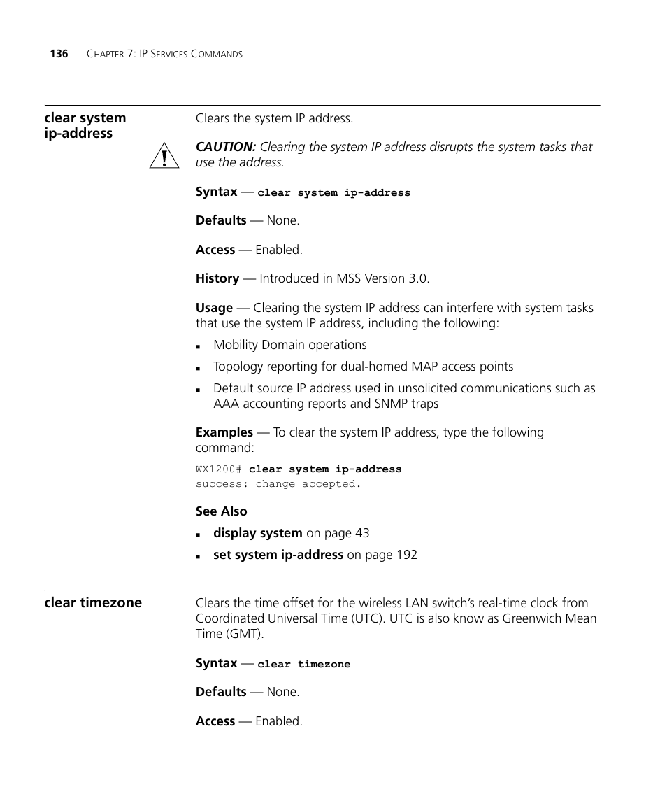 Clear system ip-address, Clear timezone | 3Com Wireless LAN WX1200 User Manual | Page 136 / 646