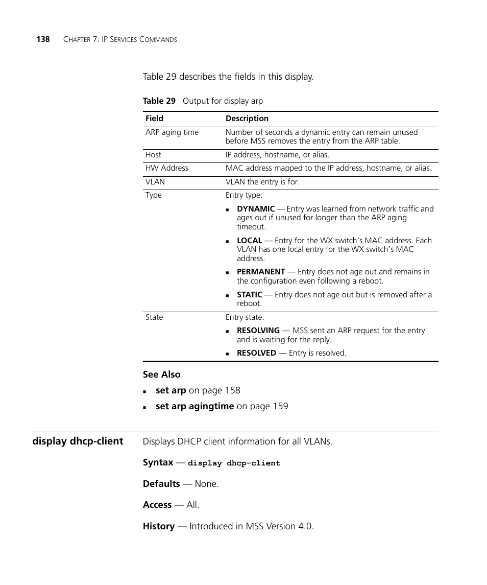 Display dhcp-client, Set arp on page 158, Set arp agingtime on page 159 | 3Com Wireless LAN WX1200 User Manual | Page 138 / 646